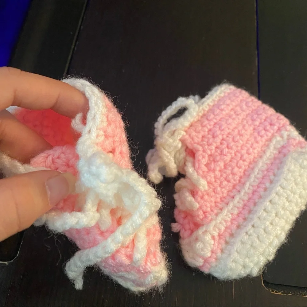 Crochet Baby Bootie Sneakers Pink and White Hand Knit Baby Girl Baby Shower Gift